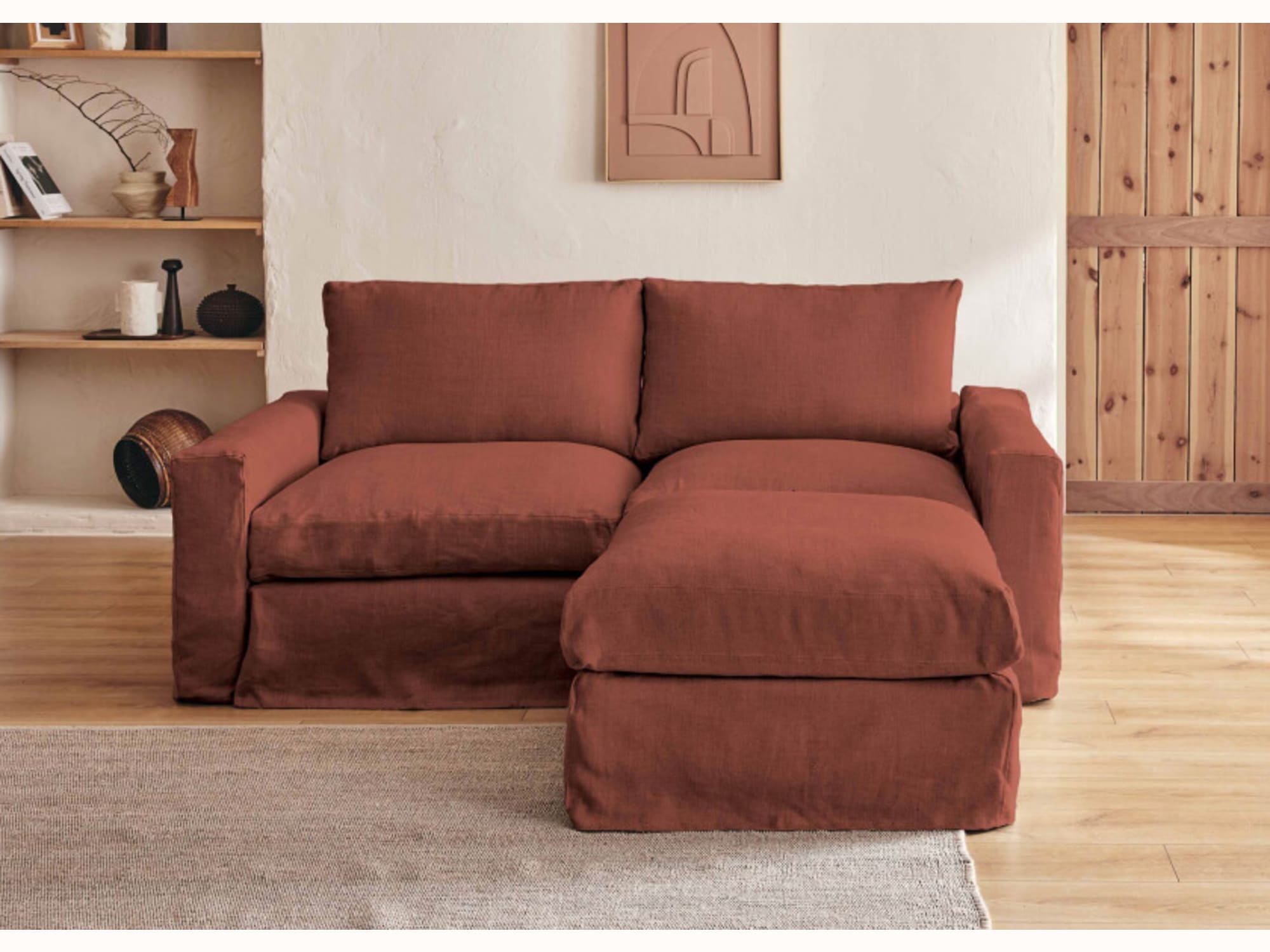 Divano angolare a 2-3 posti con pouf in lino LENO