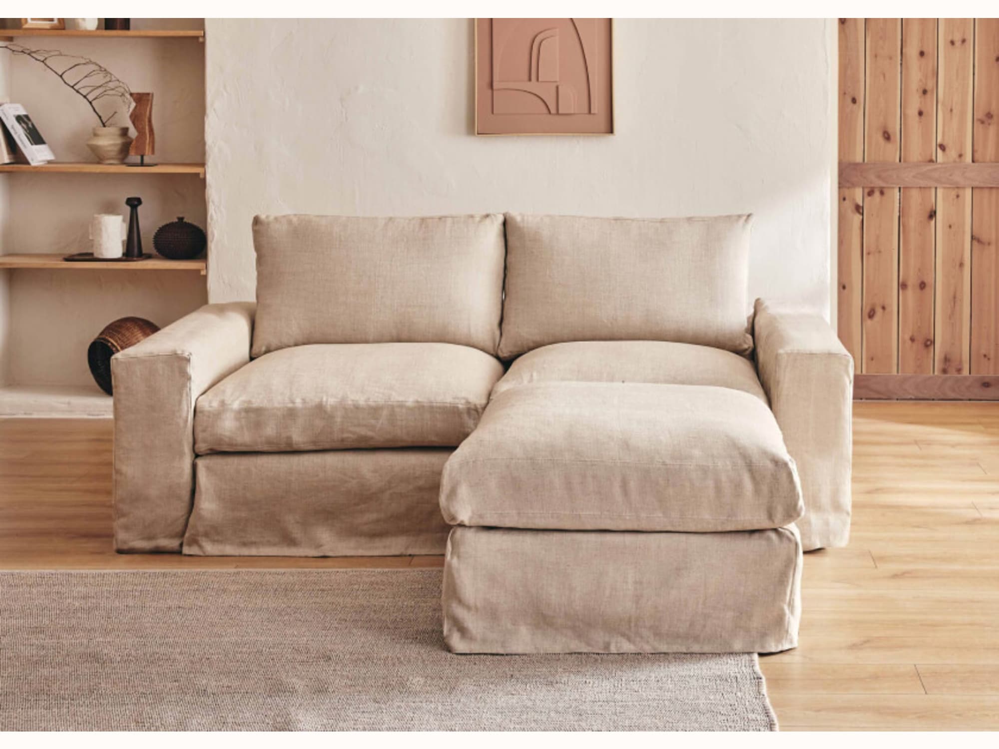 Divano angolare a 2-3 posti con pouf in lino LENO