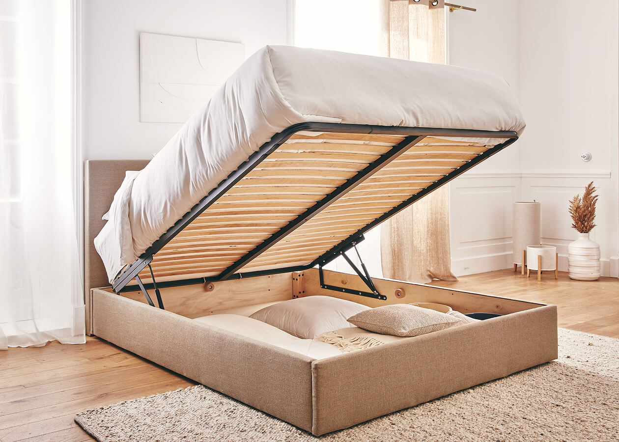 Cama con canapé de madera y lino OTTO
