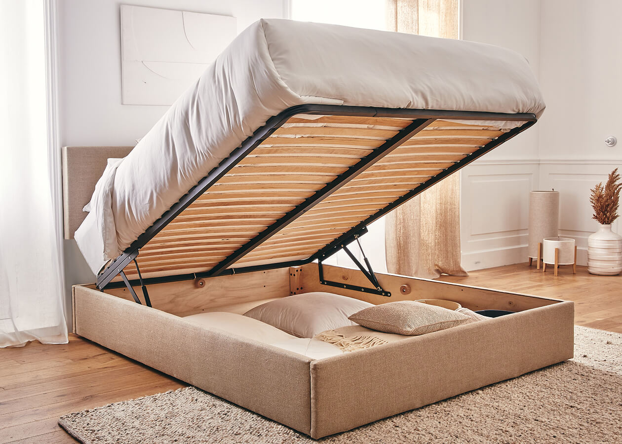 Cama con canapé de madera y lino OTTO