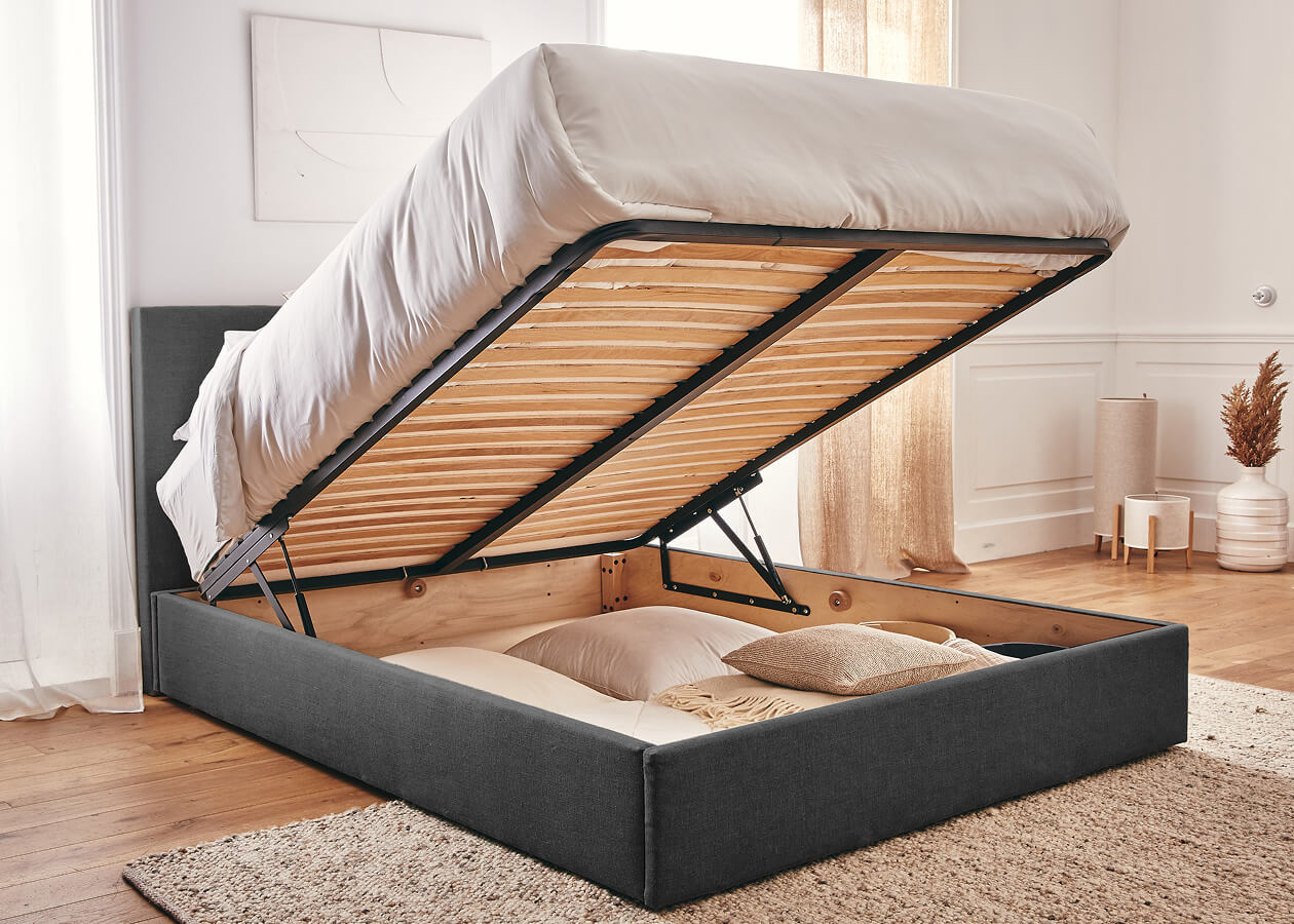 Cama con canapé de madera y lino OTTO