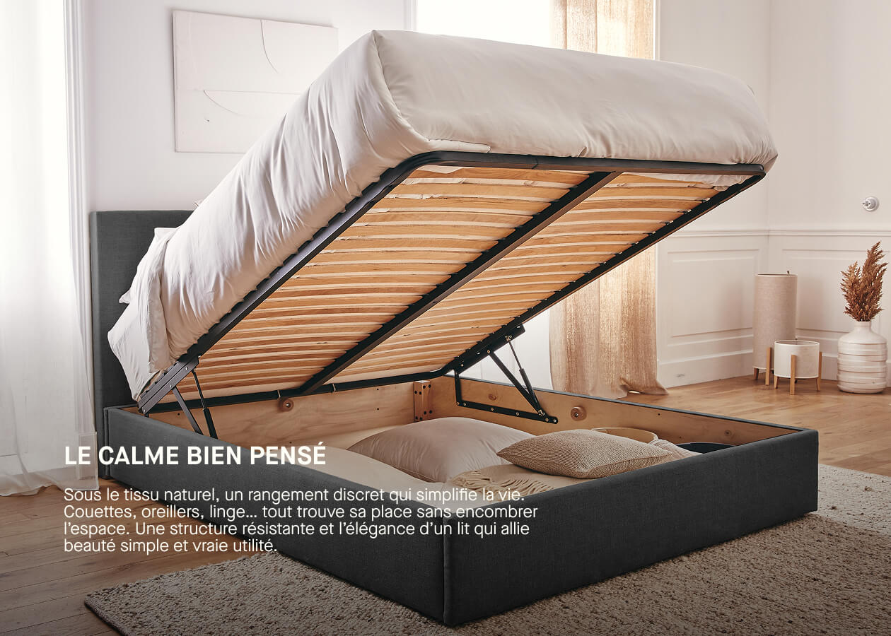 Letto contenitore in legno e lino OTTO