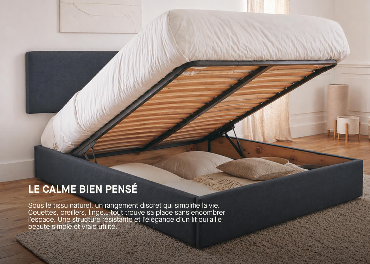 Letto contenitore in legno e lino OTTO