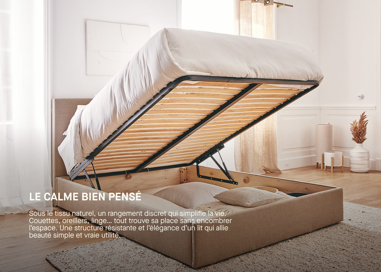 Letto contenitore in legno e lino OTTO