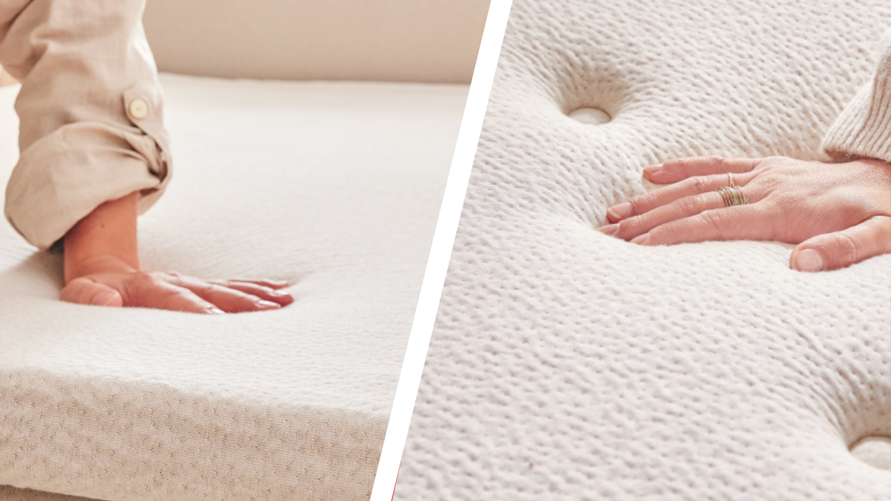 Comparaison entre matelas moelleux et matelas ferme Kipli, illustrée par deux mains pressant les surfaces pour montrer le niveau de soutien et de confort.